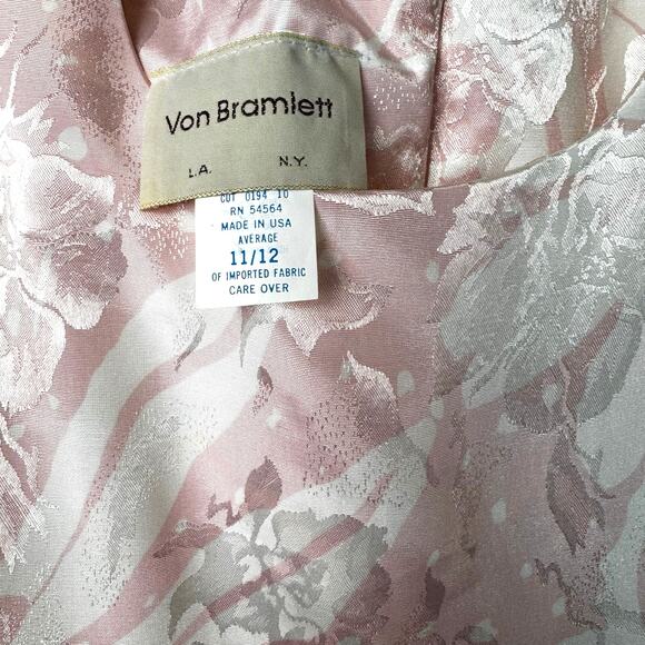 Vintage 80s Von Bramlett Pink Floral Metallic Secretary Dress Size Medium - Picture 7 of 10